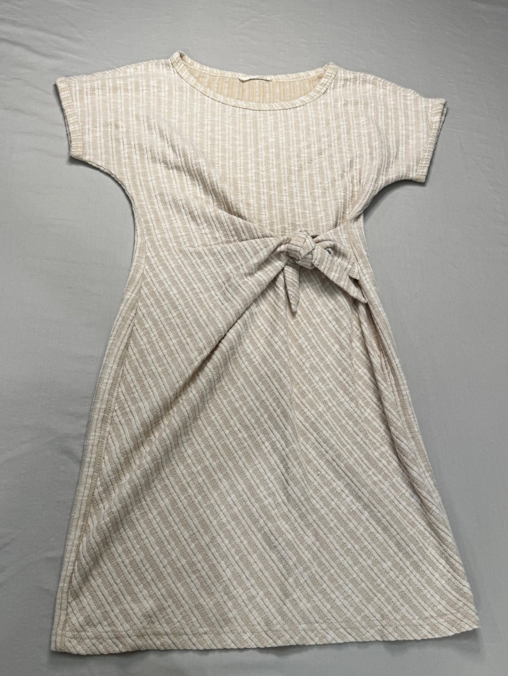 Illa Illa Women’s S Ribbed Knit Tie Front Mini Dress Cream Beige Short Sleeve